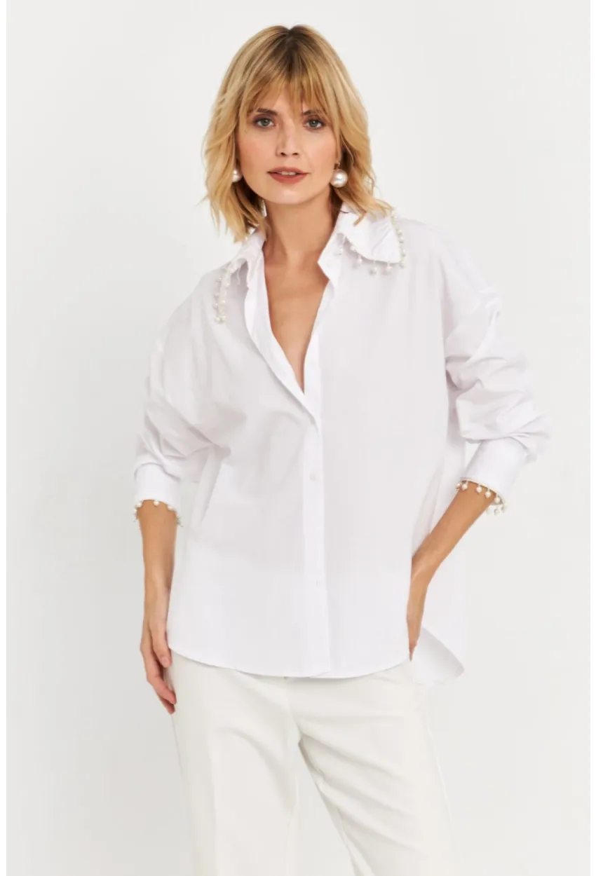 Kadın Beyaz İnci Detaylı Gömlek KED4162