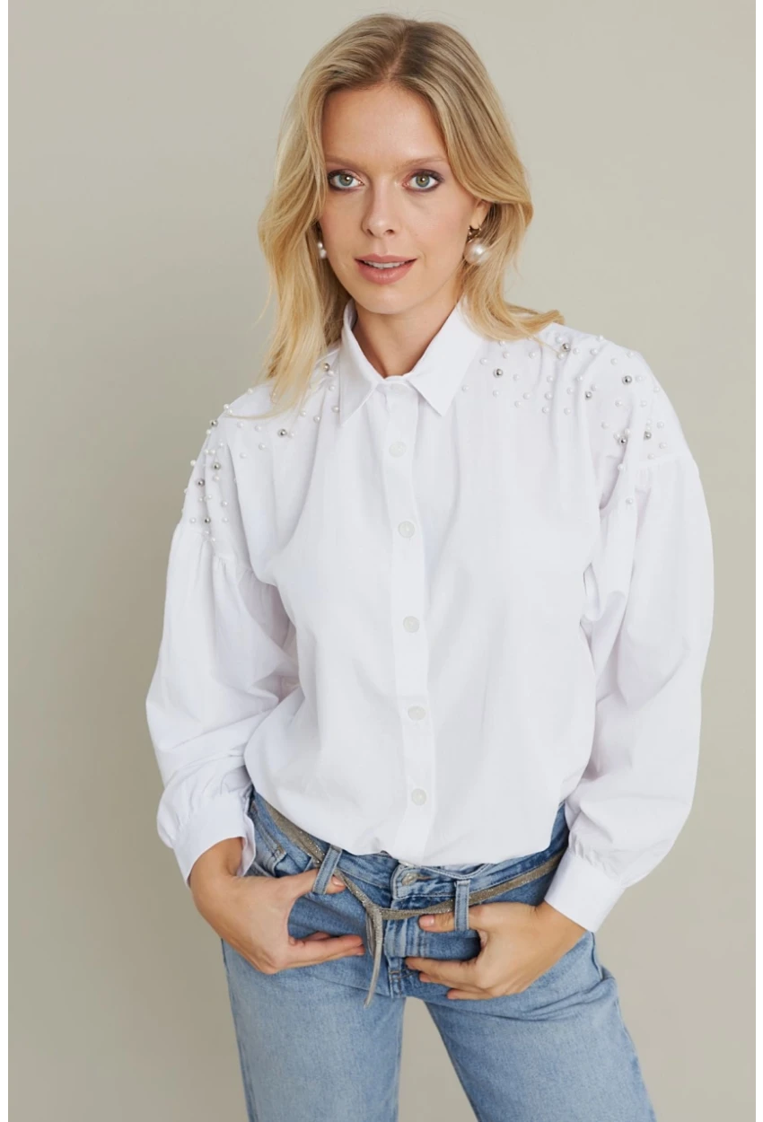 Kadın Beyaz İncili Balon Kol Gömlek MASF16