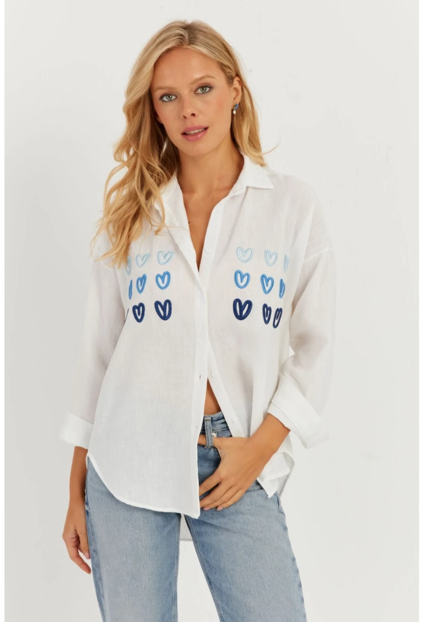 Kadın Beyaz Kalp Nakışlı Gömlek PP5391