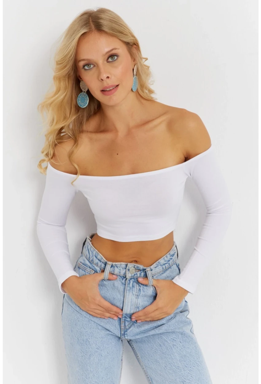 Kadın Beyaz Kare Yaka Crop Bluz CG364