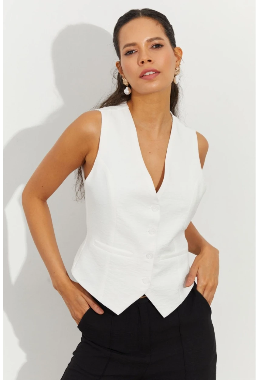 Kadın Beyaz Keten Astarlı Yelek TW60046