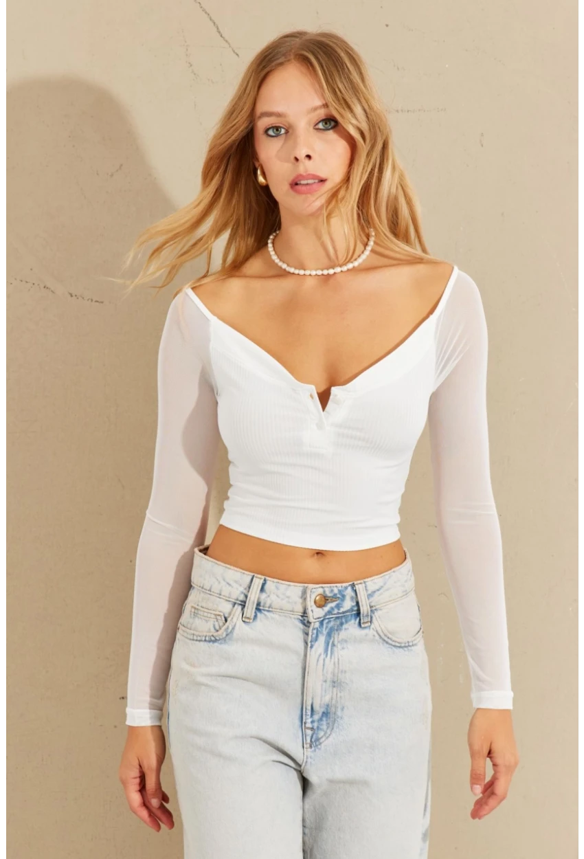 Kadın Beyaz Kolları Tül Crop Bluz CG315