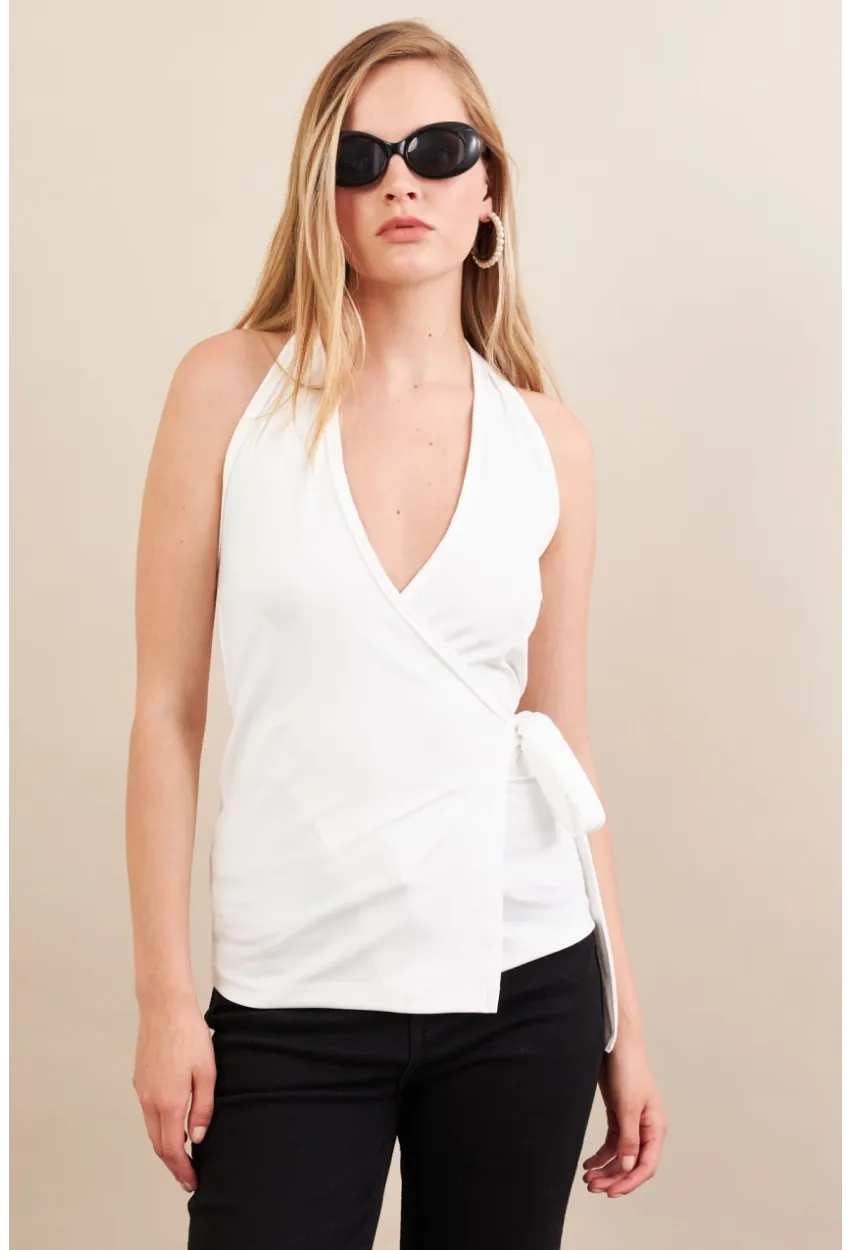 Kadın Beyaz Kruvaze Bağlamalı Bluz EY3095