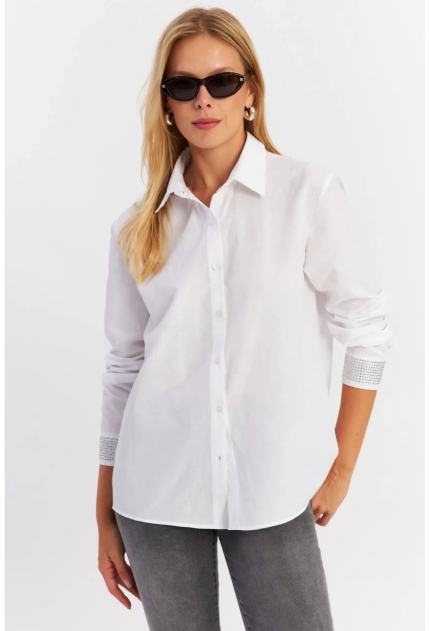 Kadın Beyaz Manşeti Taşlı Gömlek MZER415