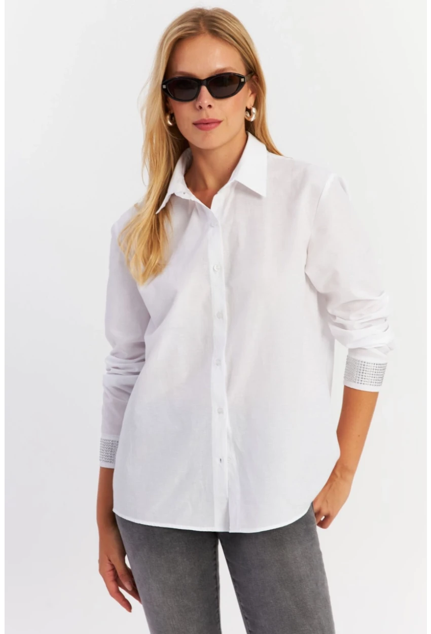 Kadın Beyaz Manşeti Taşlı Gömlek ZER415
