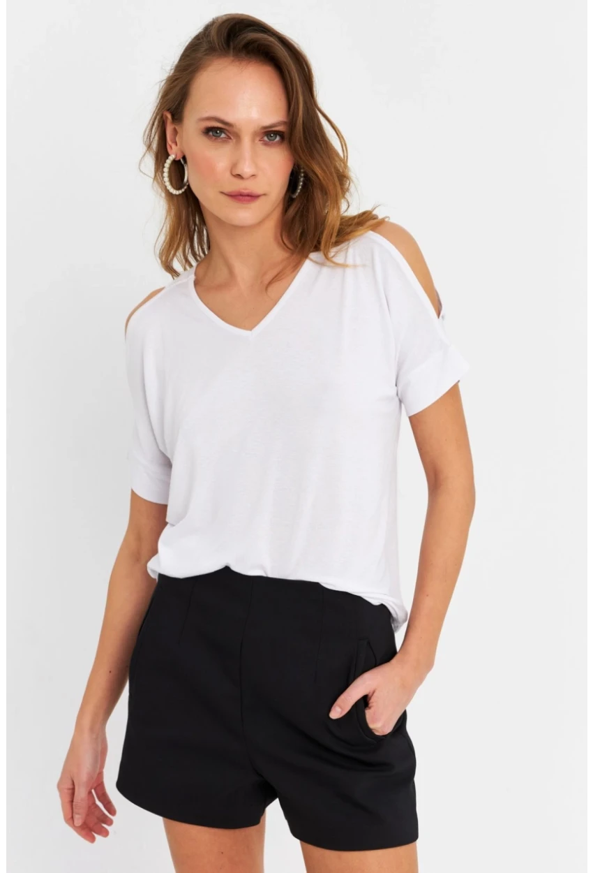 Kadın Beyaz Omuzları Açık Bluz BR1329