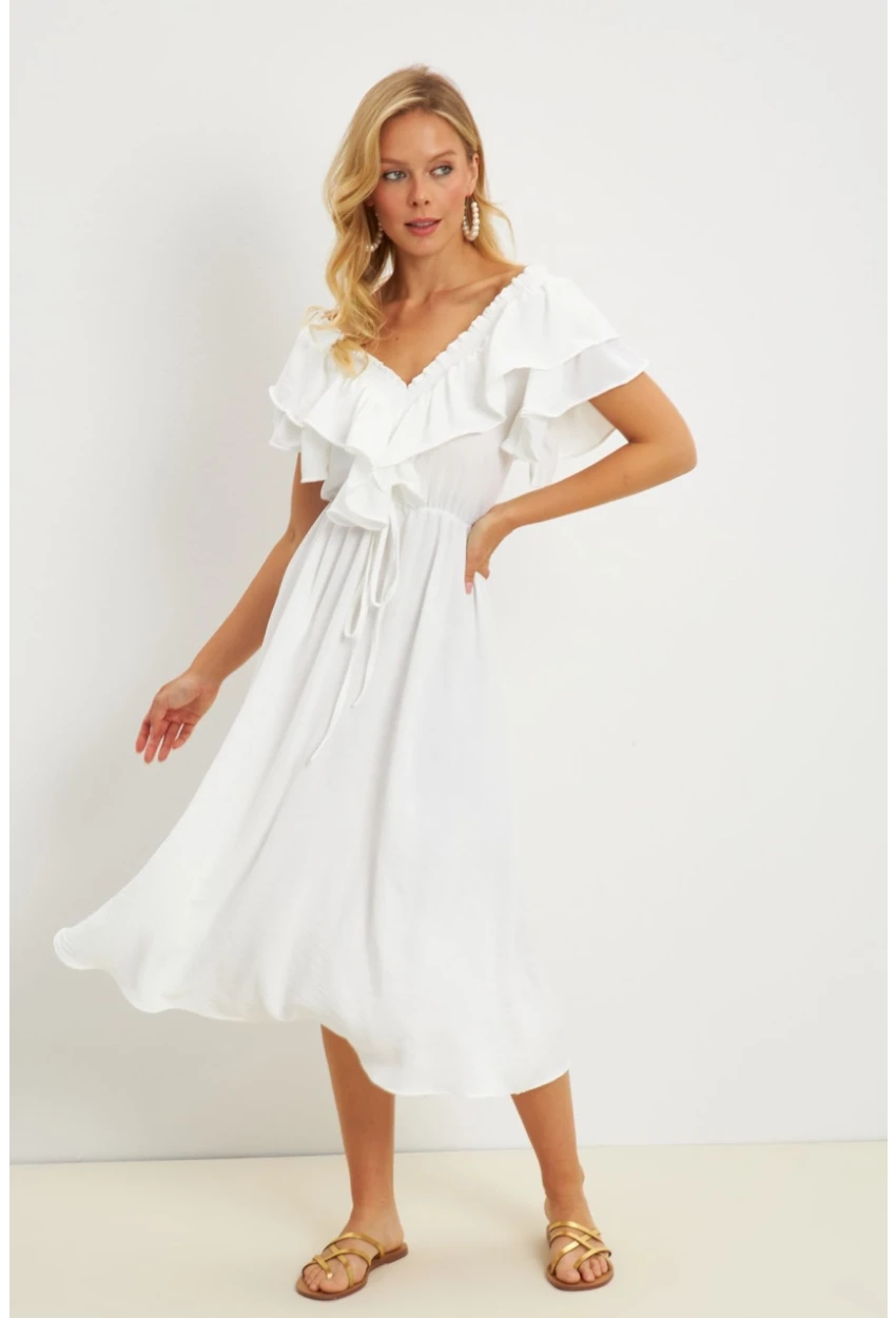 Kadın Beyaz Ön Arka V Volanlı Elbise KS113