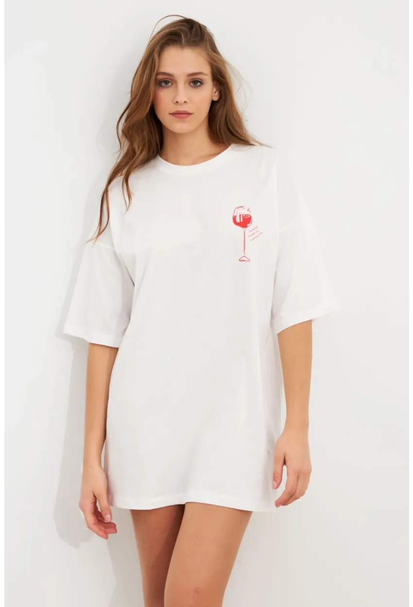 Kadın Beyaz Oversize Pijama T-Shirt TPG14