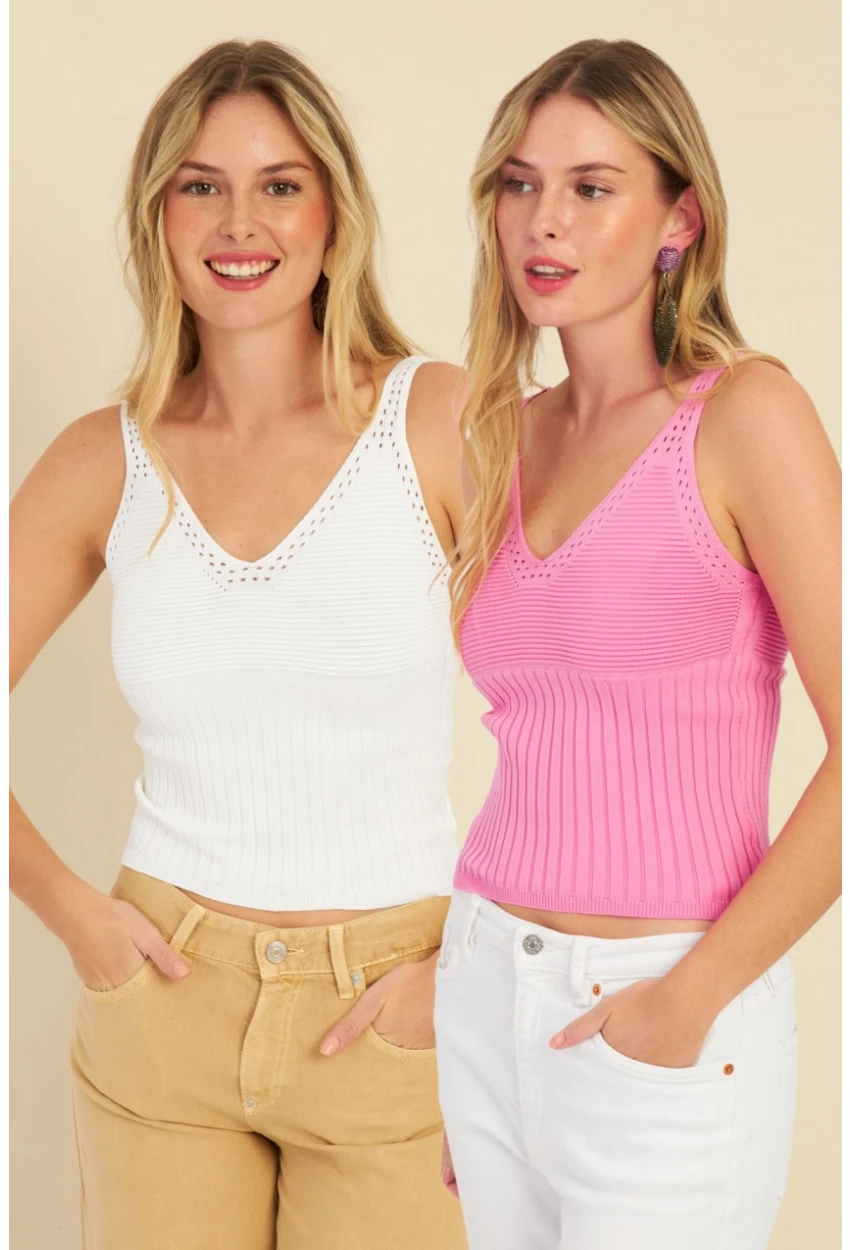 Kadın Beyaz-Pembe İkili V Yaka Triko Bluz SMT227