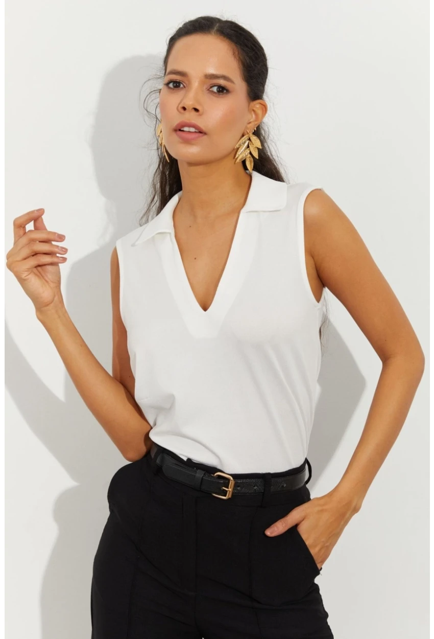 Kadın Beyaz Polo Yaka Bluz LPP1219