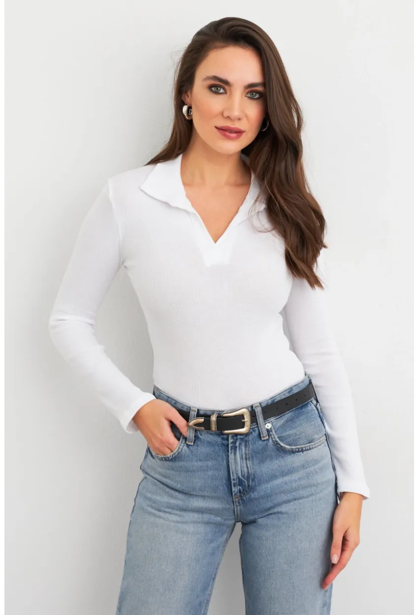Kadın Beyaz Polo Yaka Kaşkorse Bluz LON3006
