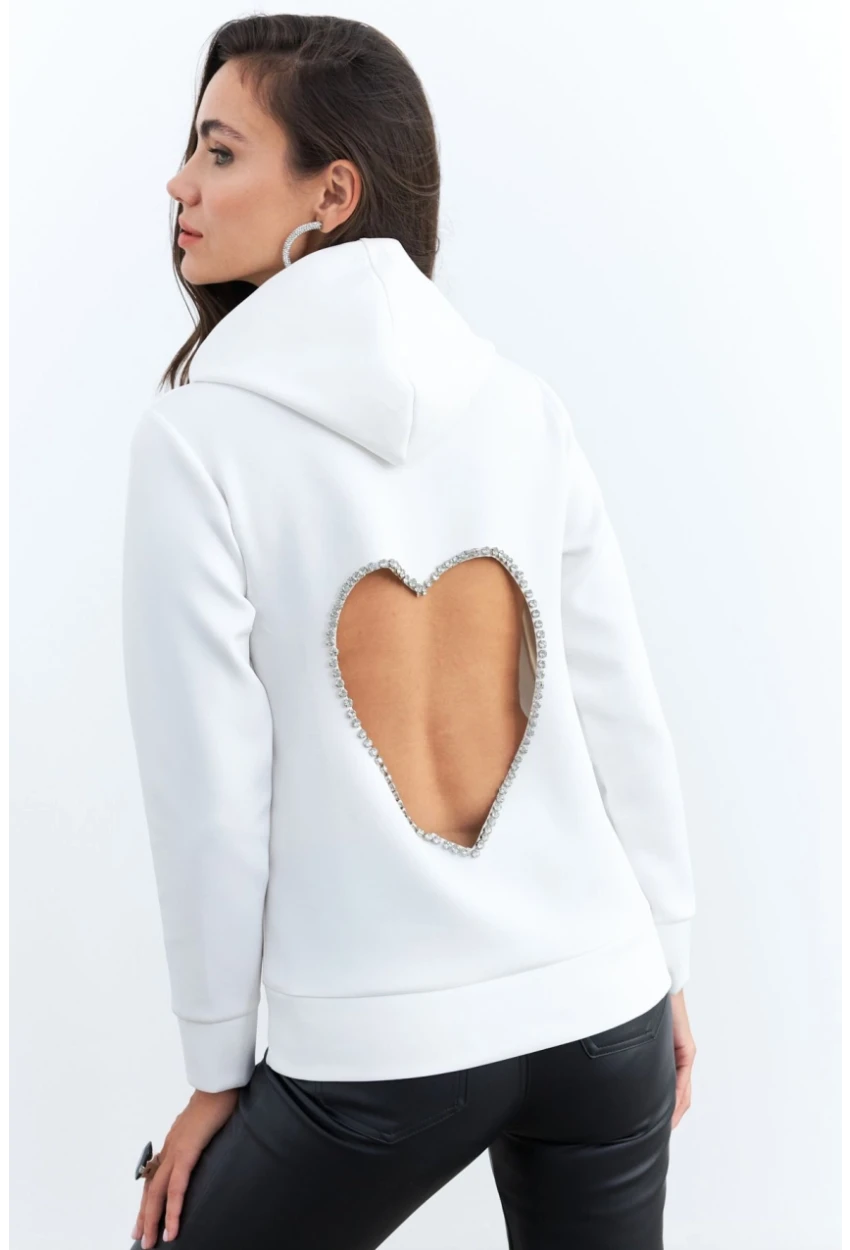 Kadın Beyaz Sırt Dekolteli Taşlı Sweatshirt BTH15