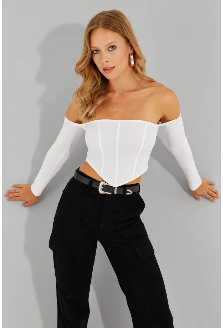 Kadın Beyaz Sırt Fermuarlı Crop Bluz CG312