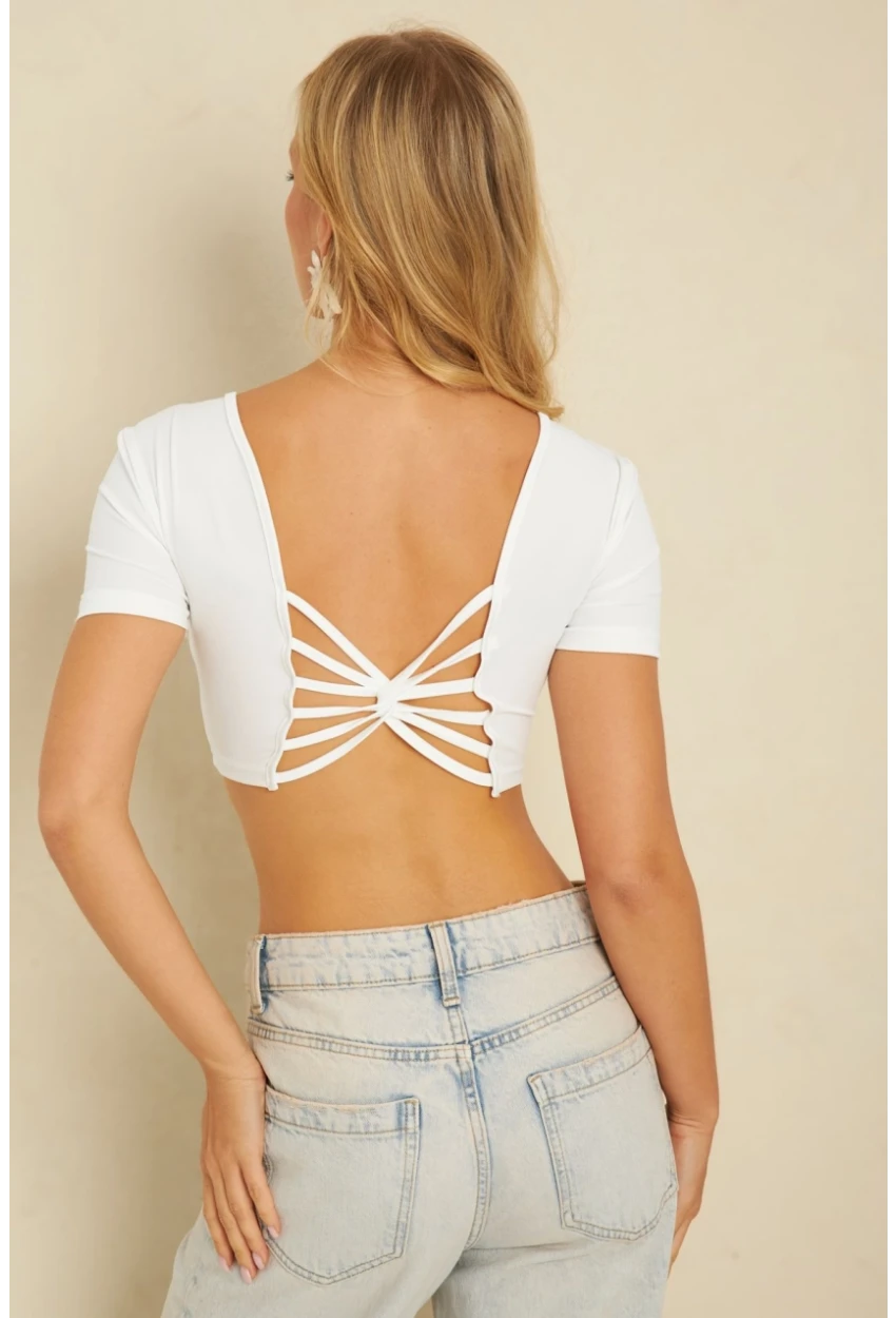 Kadın Beyaz Sırtı Açık Crop Bluz CG358