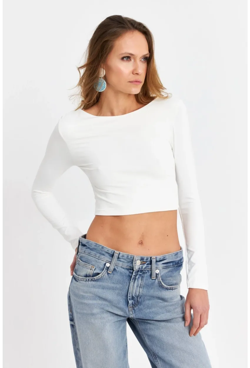 Kadın Beyaz Sırtı Açık Crop Bluz EV21