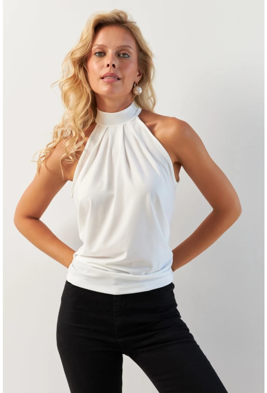 Kadın Beyaz Sırtı Damla Yılbaşı Bluz LPP5043