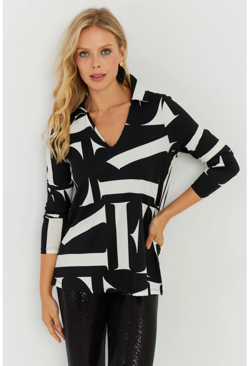 Kadın Beyaz-Siyah Desenli Polo Yaka Bluz AYD240