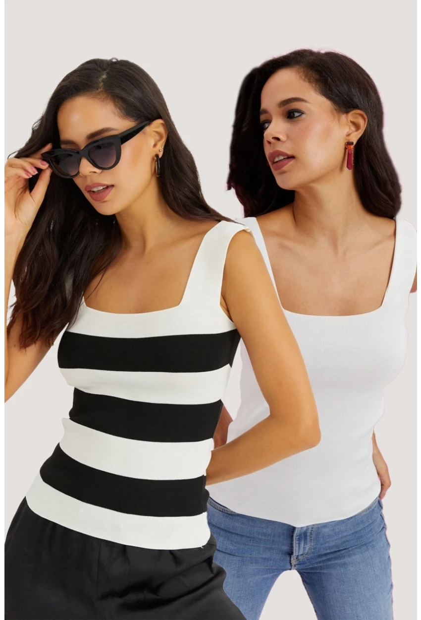 Kadın Beyaz-Siyah İkili Kare Yaka Triko Bluz YV126