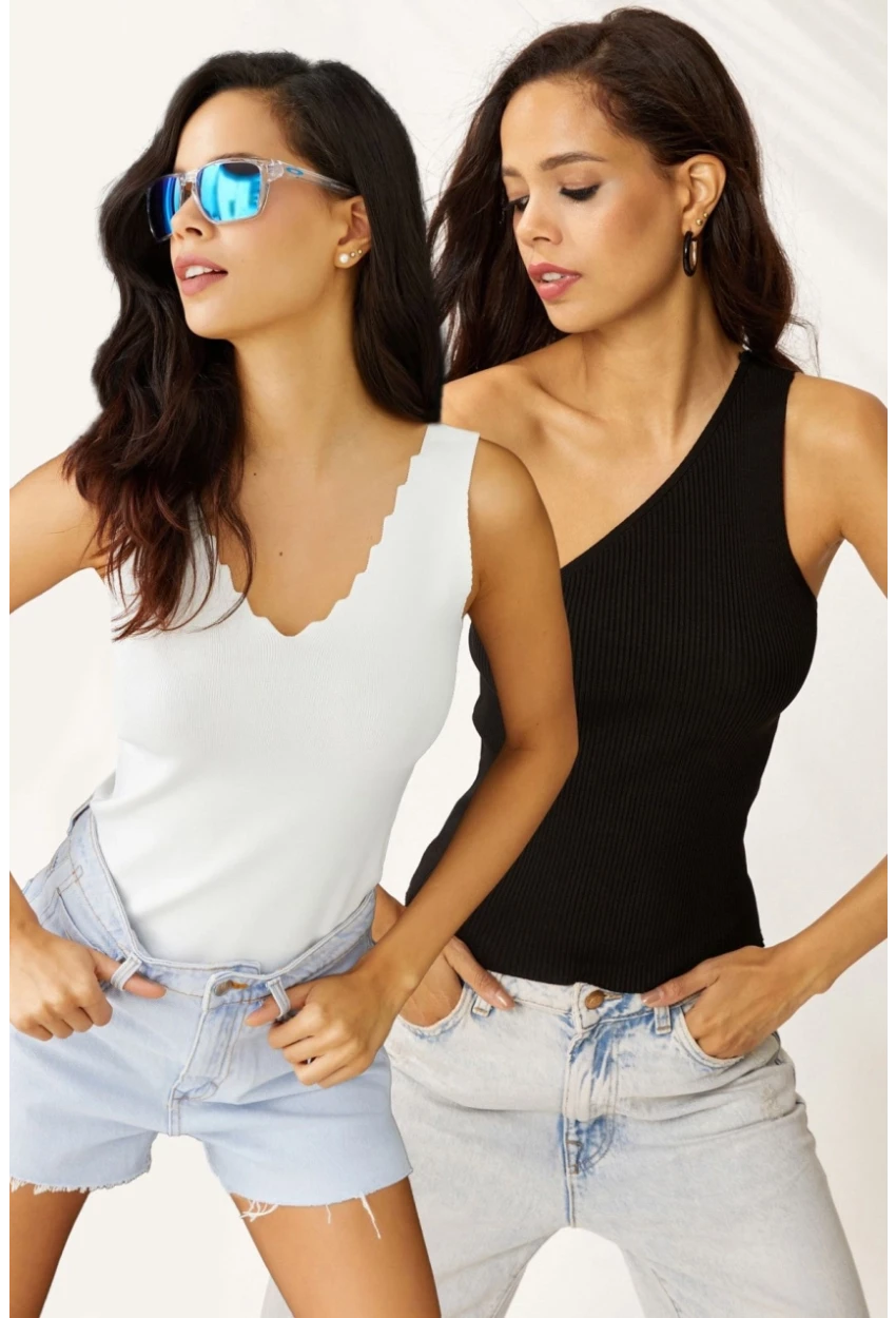 Kadın Beyaz-Siyah İkili Triko Bluz YV145