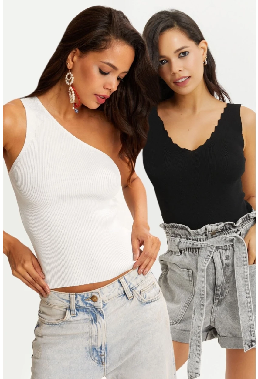 Kadın Beyaz-Siyah İkili Triko Bluz YV147
