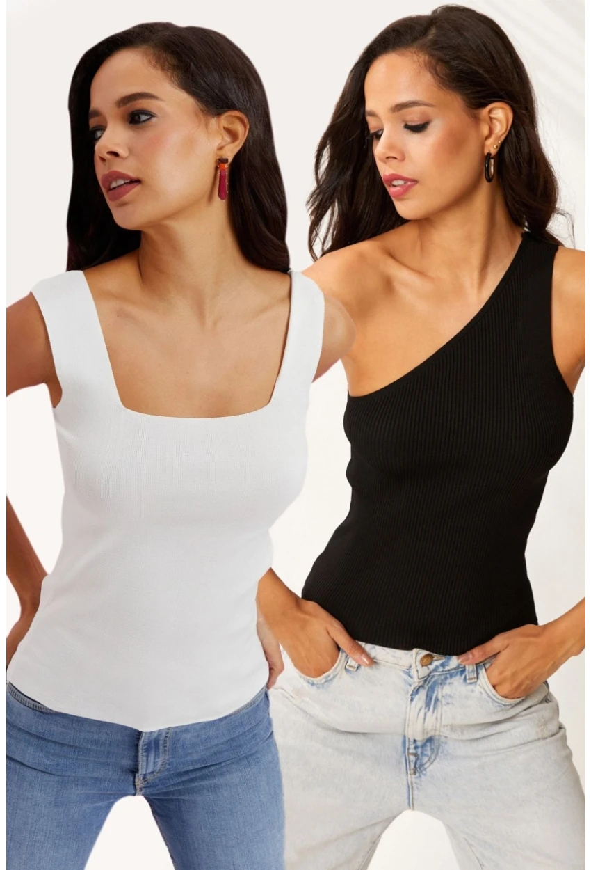Kadın Beyaz-Siyah İkili Triko Bluz YV151