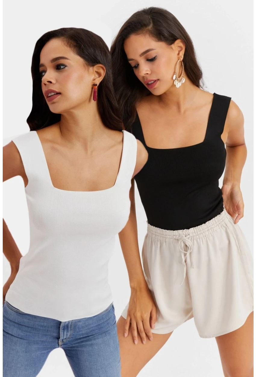 Kadın Beyaz-Siyah Kare Yaka İkili Triko Bluz YV154