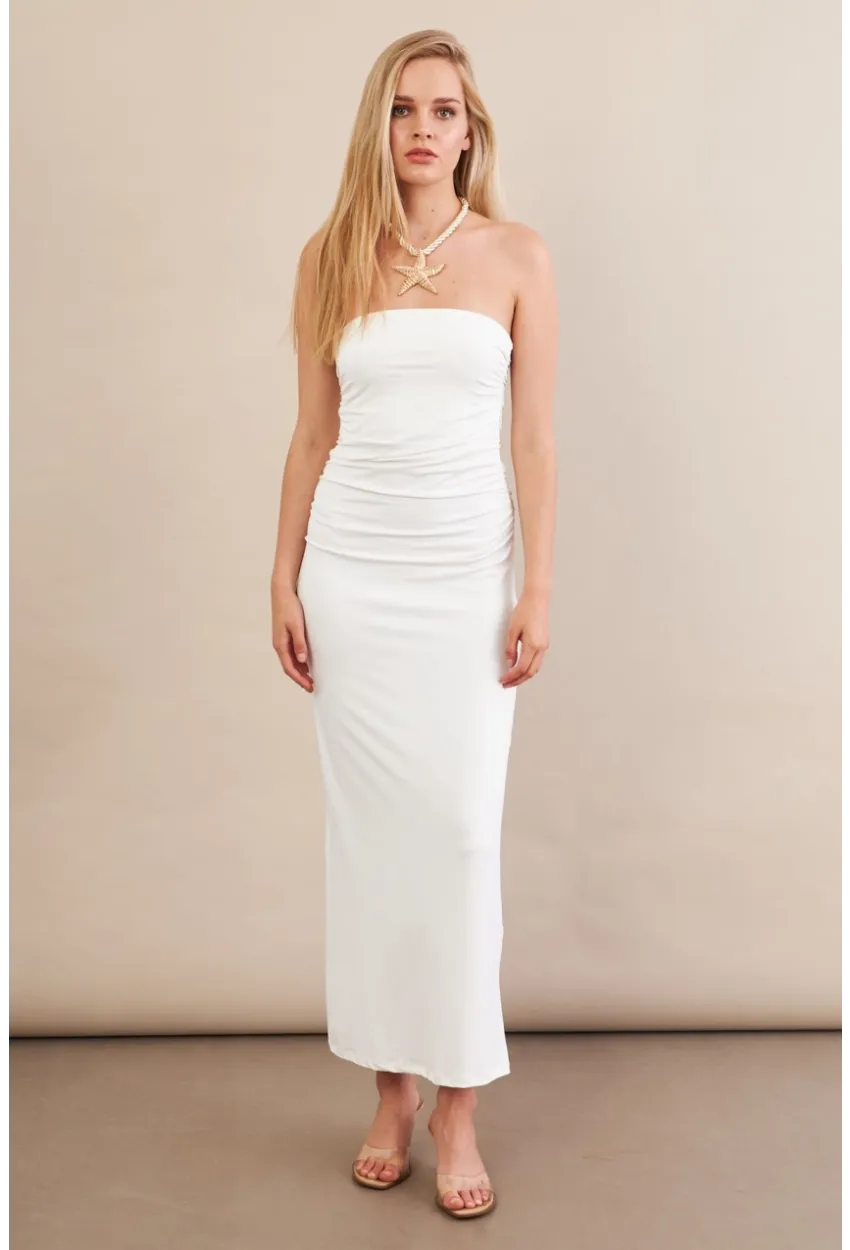 Kadın Beyaz Straplez Büzgülü Midi Elbise MX2005
