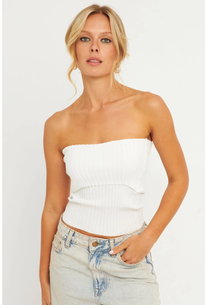Kadın Beyaz Straplez Triko Bluz YV240