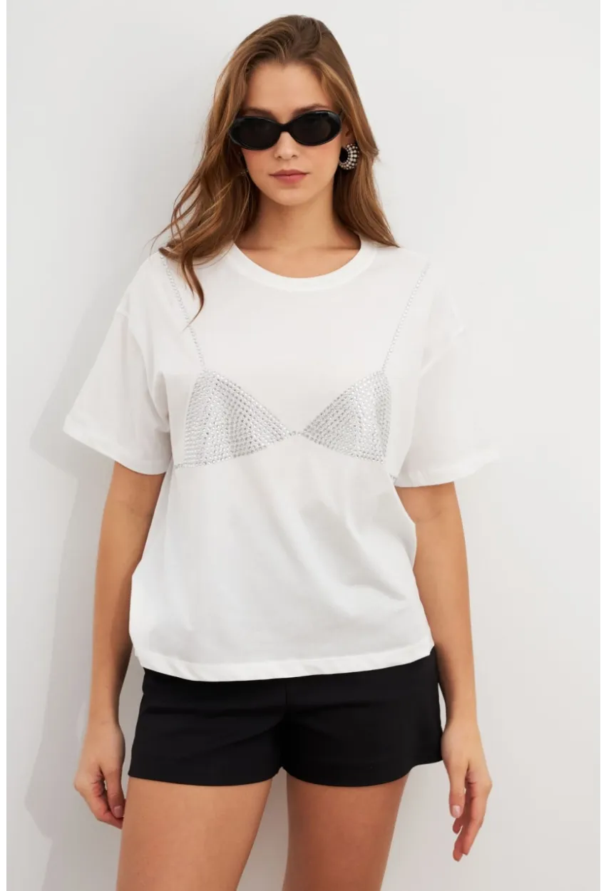 Kadın Beyaz Straslı Oversize T-Shirt TPG13