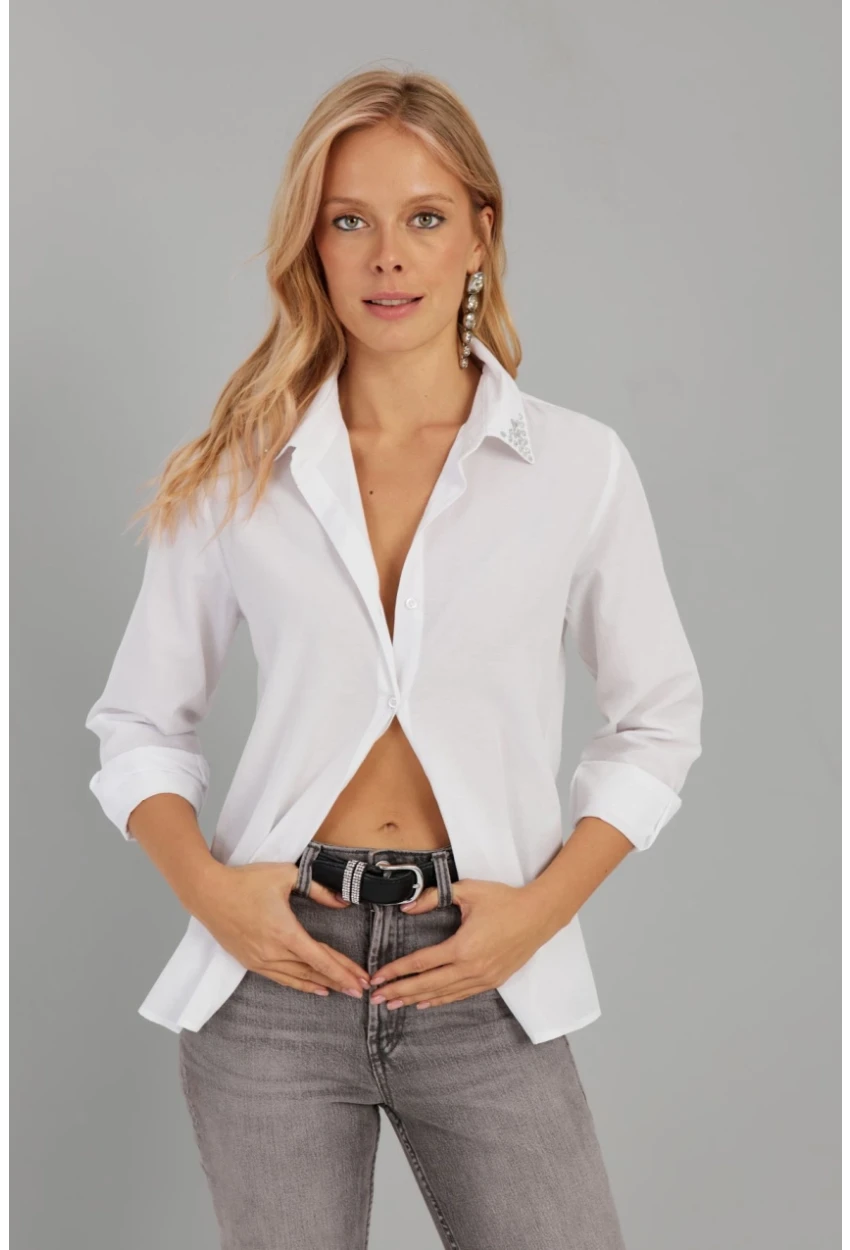 Kadın Beyaz Taş Detaylı Gömlek ZER402