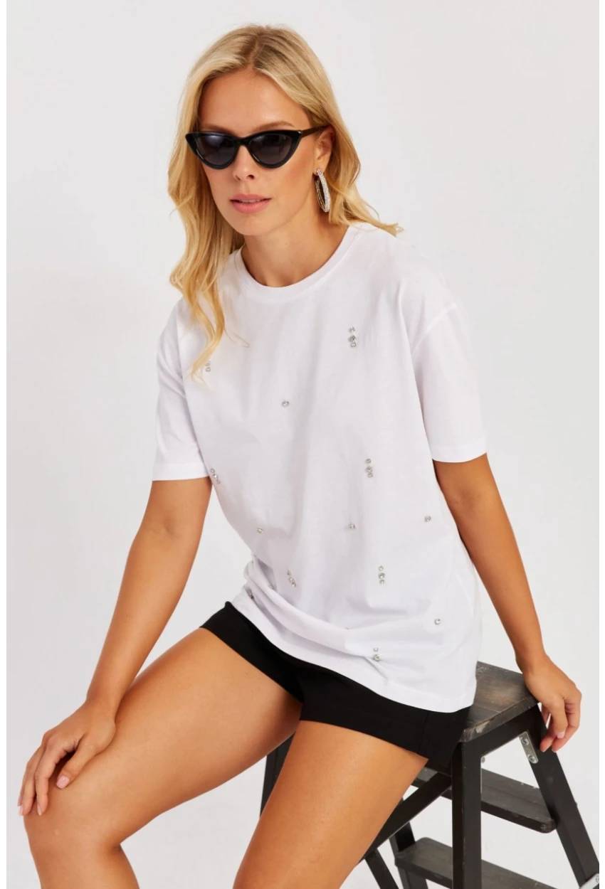 Kadın Beyaz Taşlı Bluz SGT401