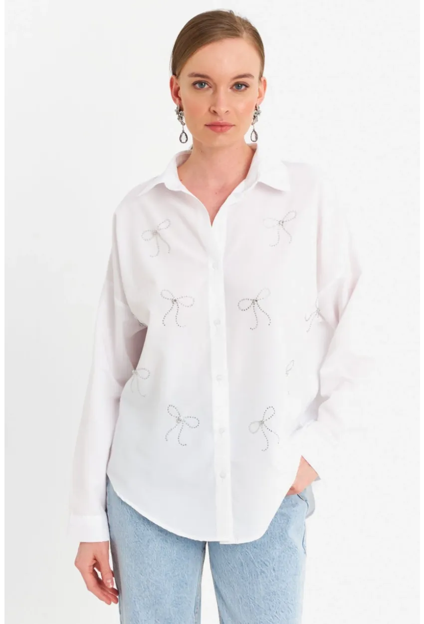 Kadın Beyaz Taşlı Gömlek MZER426