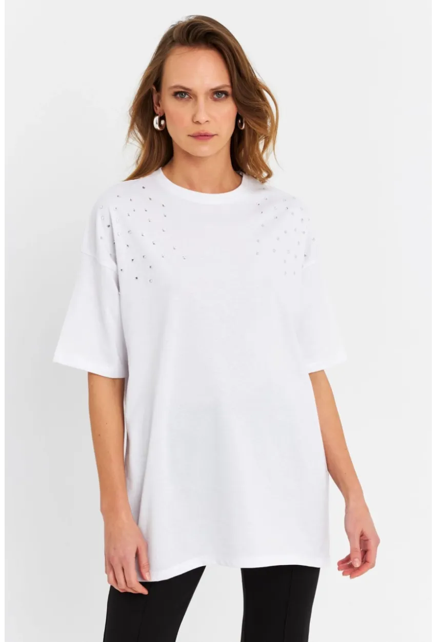 Kadın Beyaz Taşlı Salaş T-Shirt MTF0002