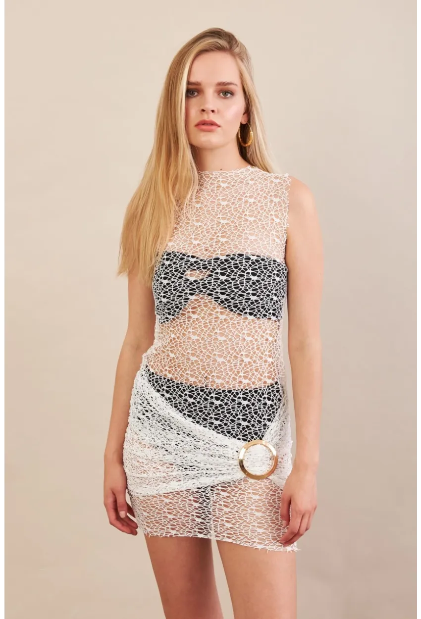 Kadın Beyaz Tokalı Mini Dantel Plaj Elbisesi
