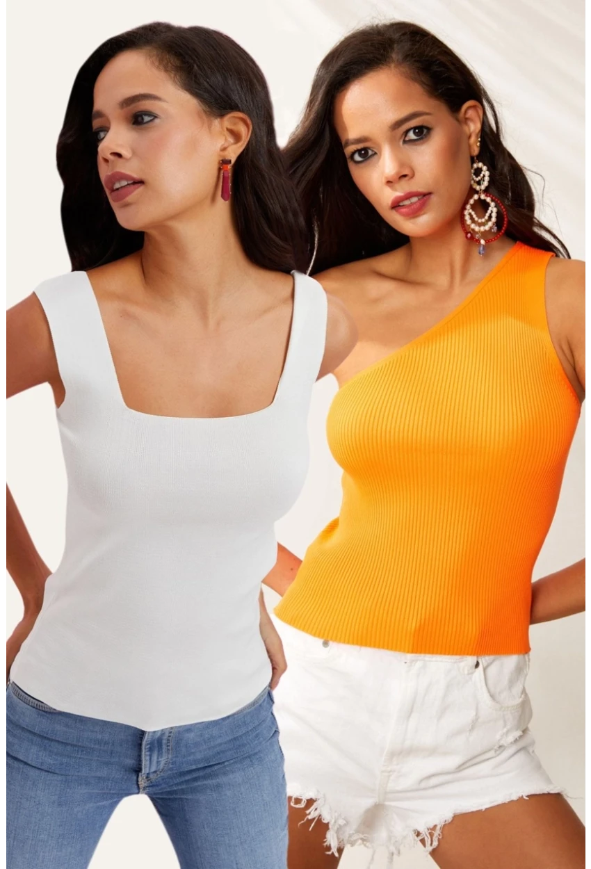 Kadın Beyaz-Turuncu İkili Triko Bluz YV152