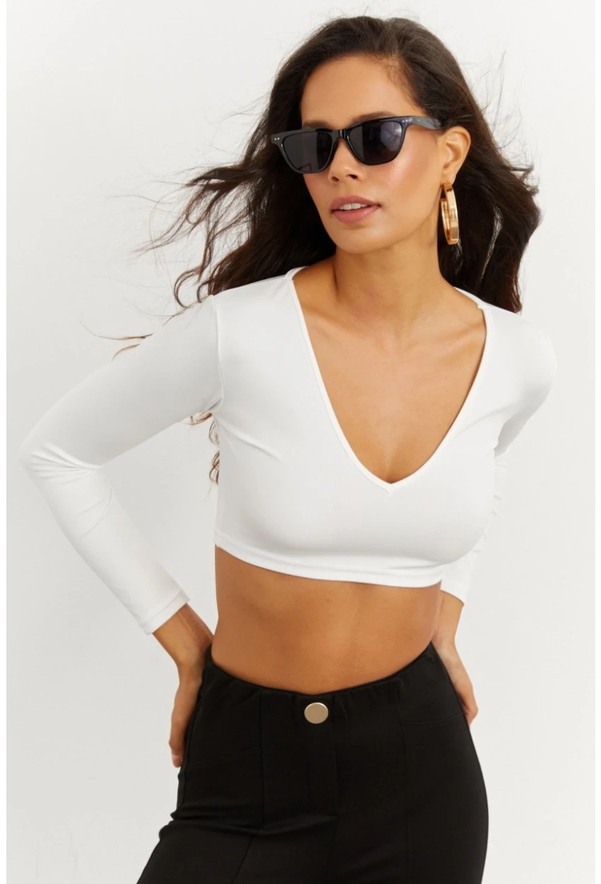 Kadın Beyaz V Yaka Crop Bluz CG265