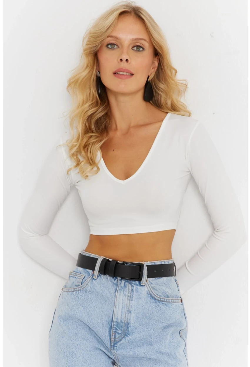Kadın Beyaz V Yaka Crop Bluz CG368
