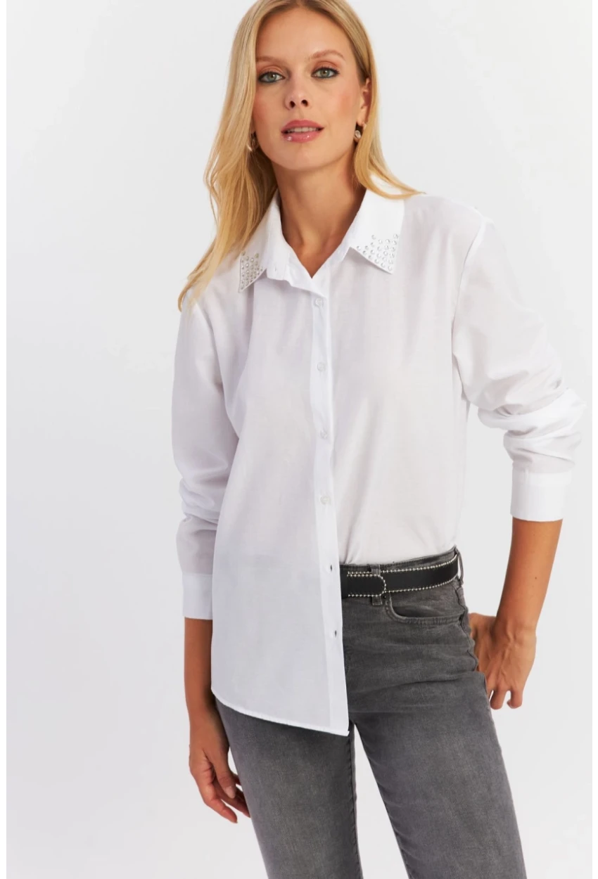 Kadın Beyaz Yakası Taşlı Gömlek MZER413