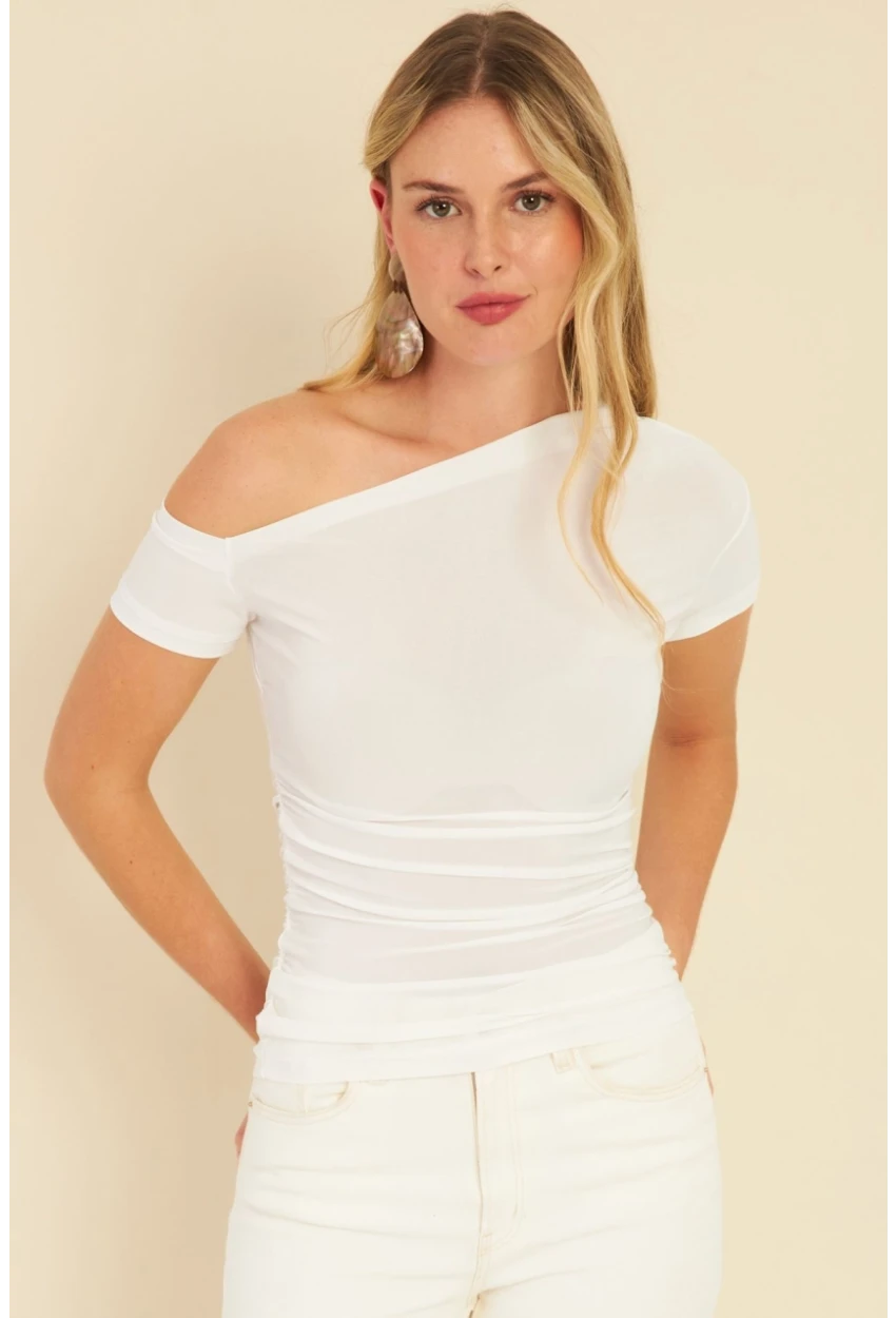 Kadın Beyaz Yanları Büzgülü Bluz YZ1017