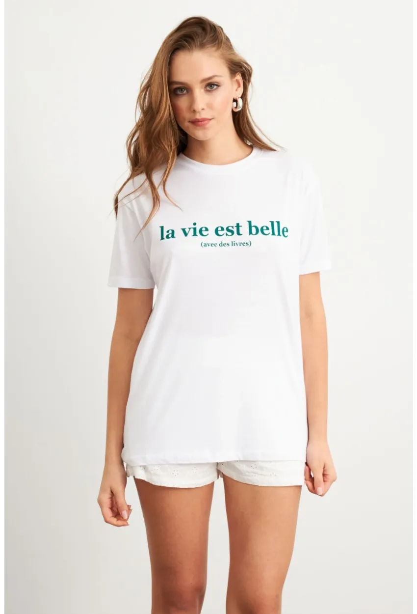 Kadın Beyaz-Yeşil Baskılı Pijama T-Shirt AYD411