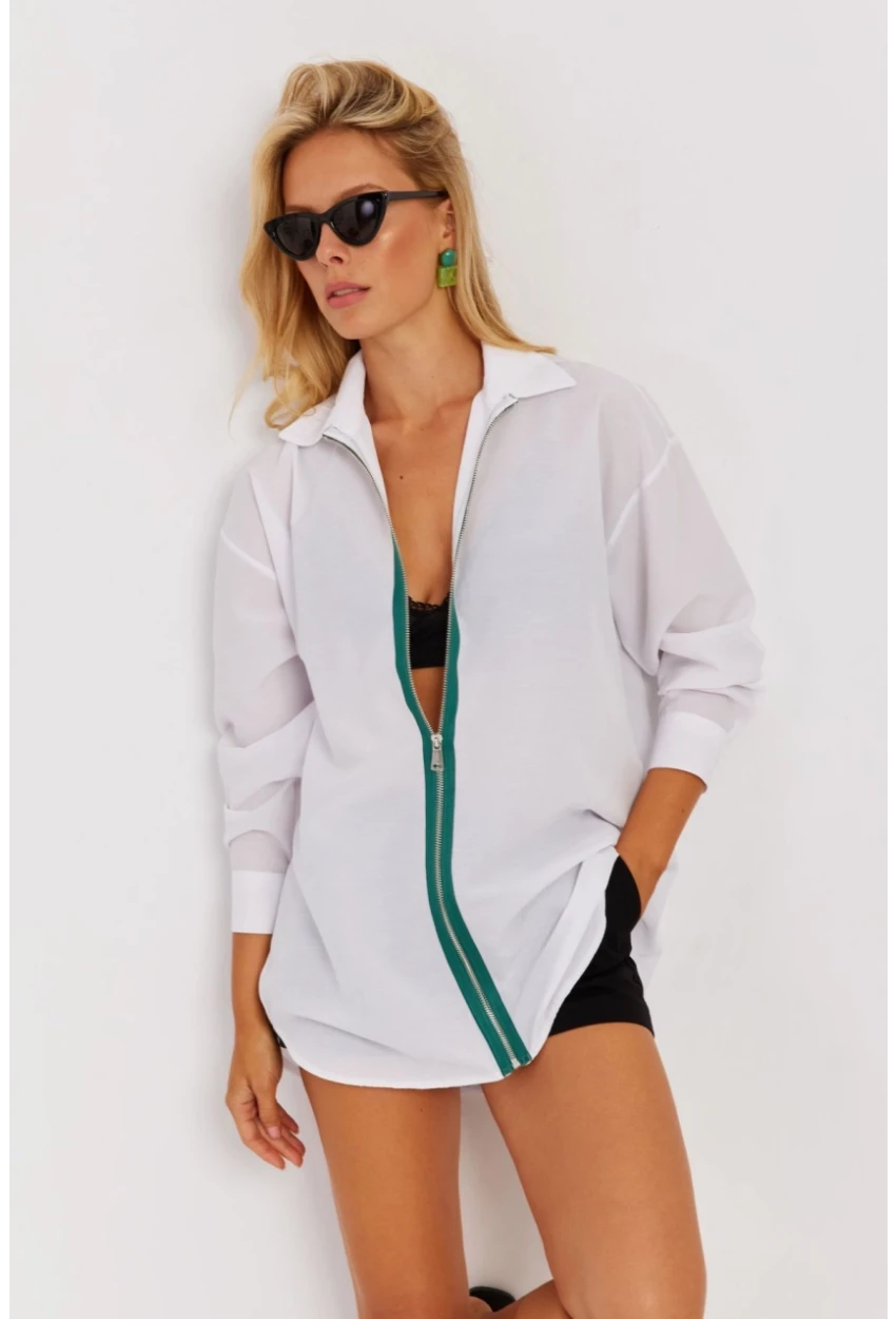 Kadın Beyaz Yeşil Fermuarlı Uzun Gömlek SF1317