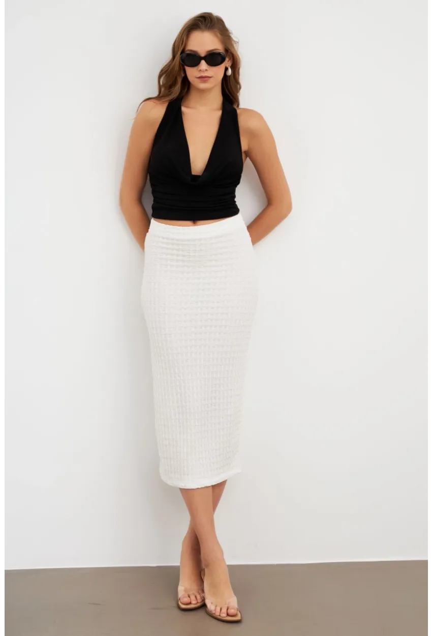 Kadın Beyaz Yırtmaçlı Bürümcük Midi Etek ZH329