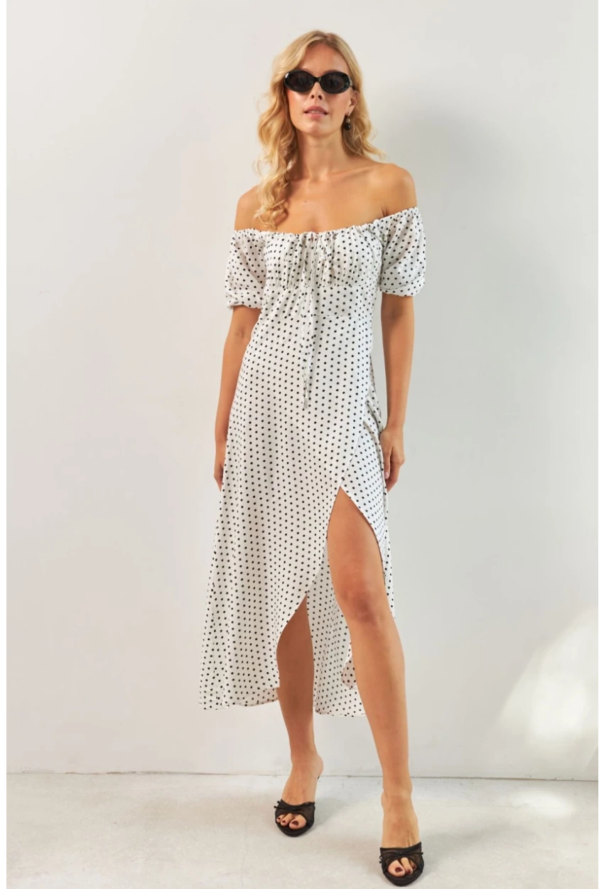 Kadın Beyaz Yırtmaçlı Desenli Midi Elbise KED0243