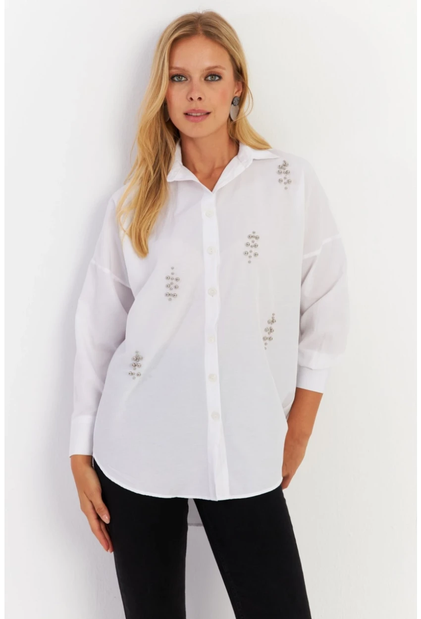 Kadın Beyaz Zımbalı Gömlek MASF1
