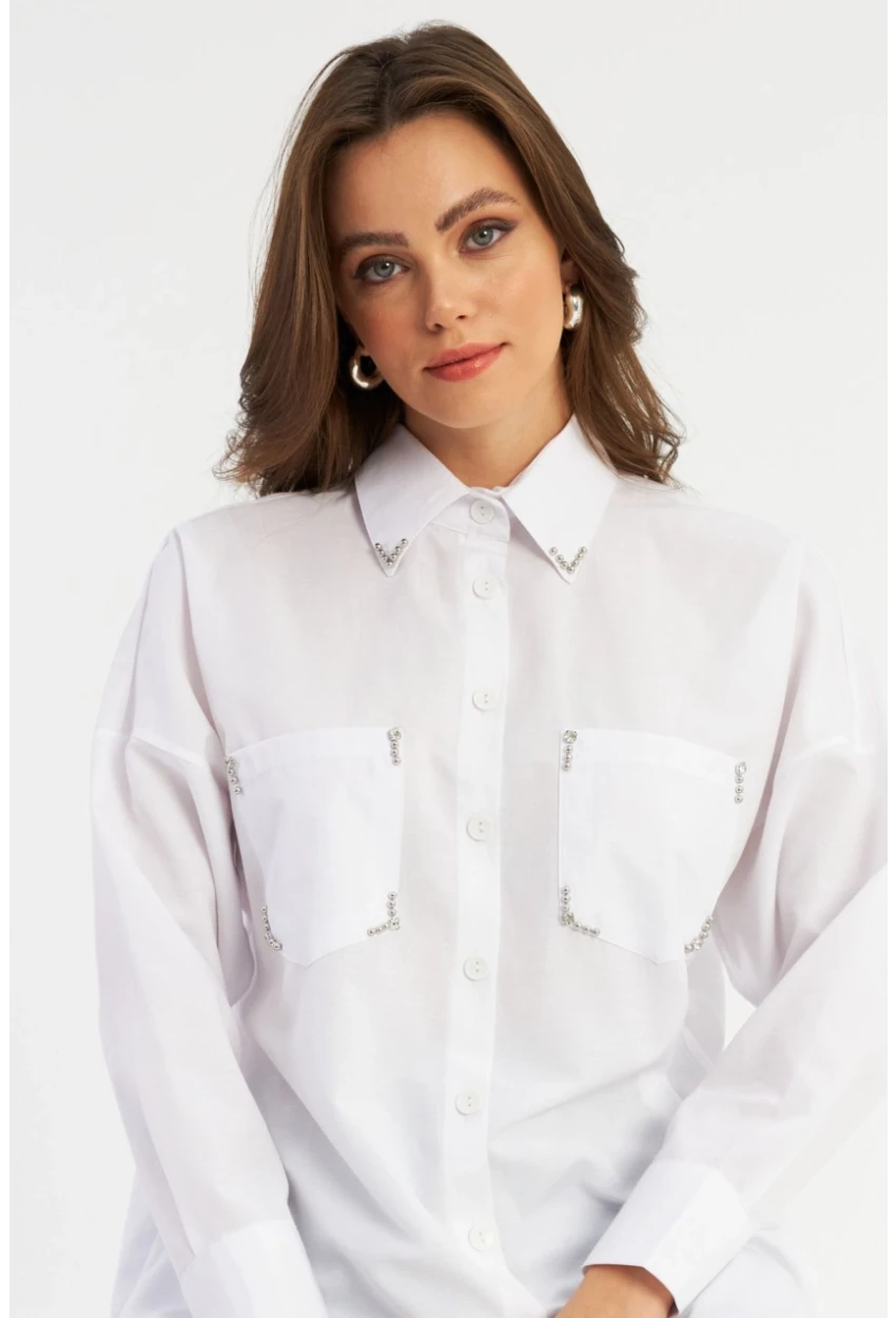 Kadın Beyaz Zımbalı Gömlek MASF2