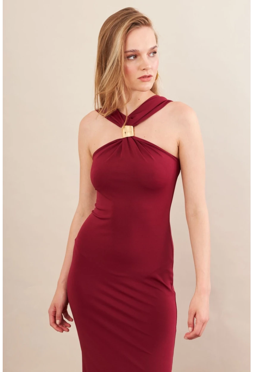 Kadın Bordo Aksesuarlı Midi Elbise İRE101