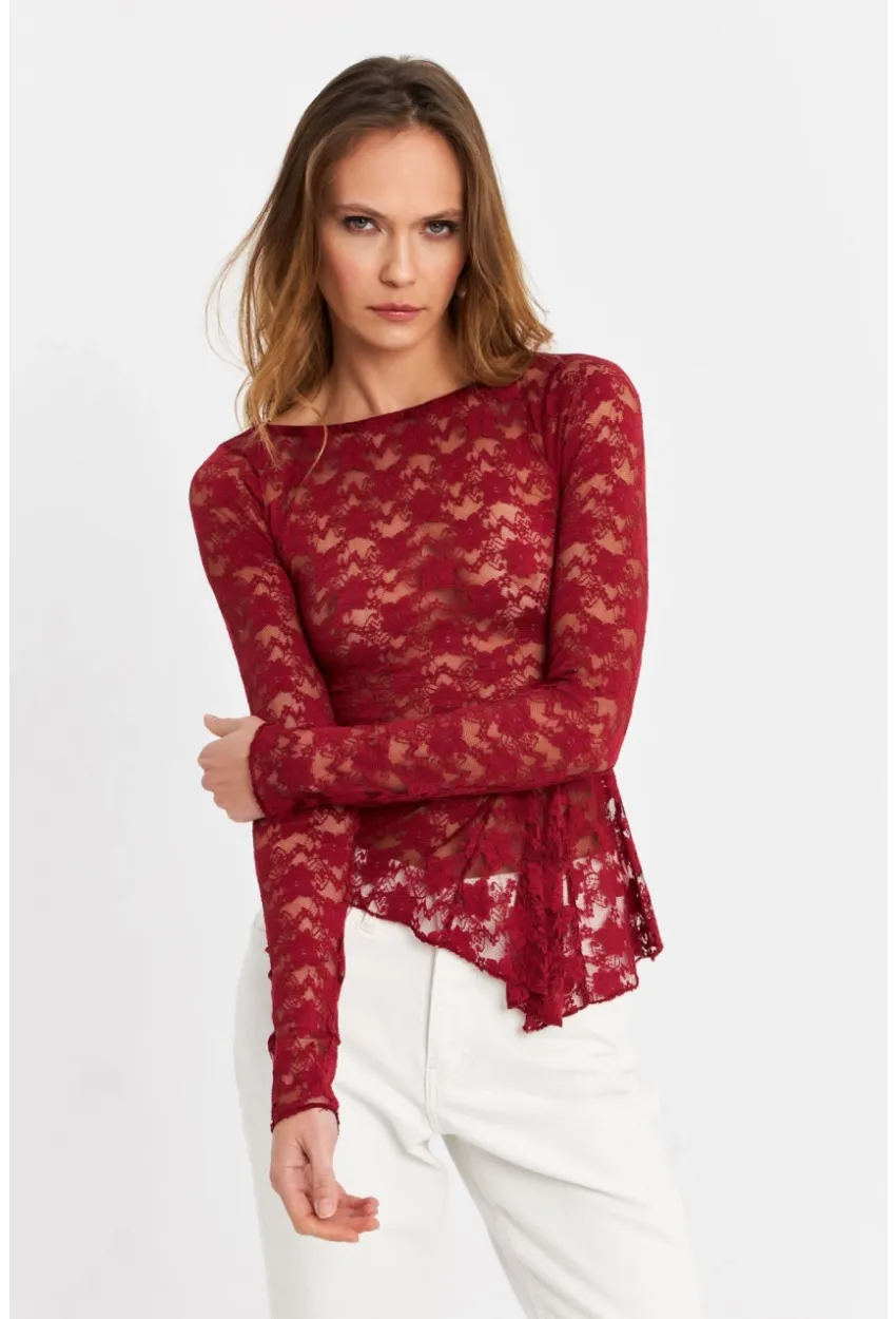Kadın Bordo Asimetrik Dantel Bluz MTK13288