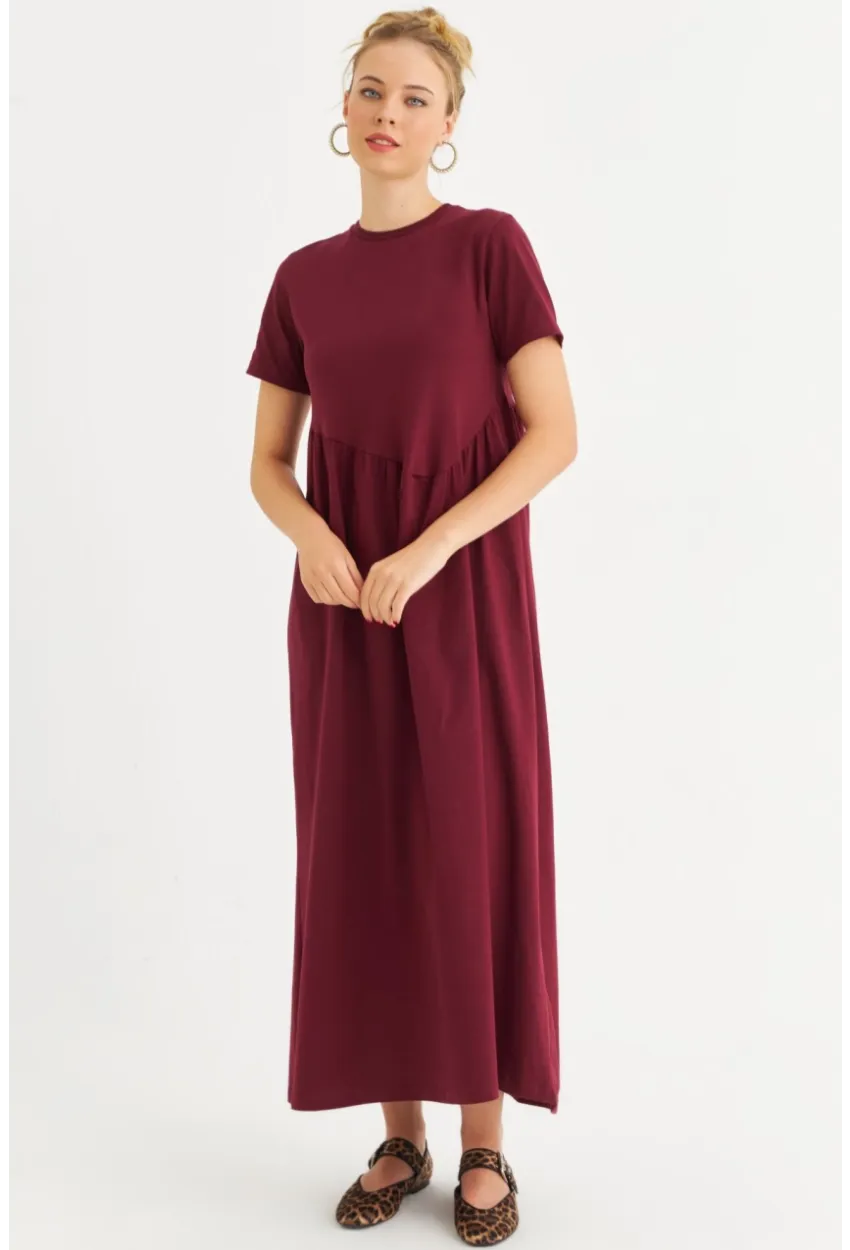 Kadın Bordo Asimetrik Dikişli Maxi Elbise MDMR440