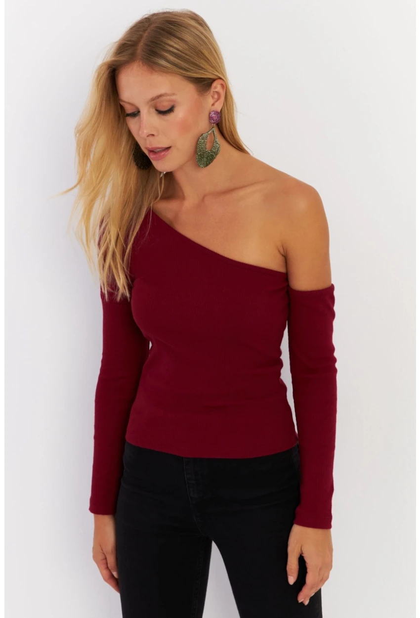 Kadın Bordo Asimetrik Kollu Kaşkorse Bluz HOR1