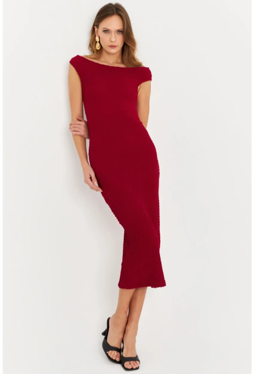 Kadın Bordo Asimetrik Yaka Gofre Midi Elbise MOD2358